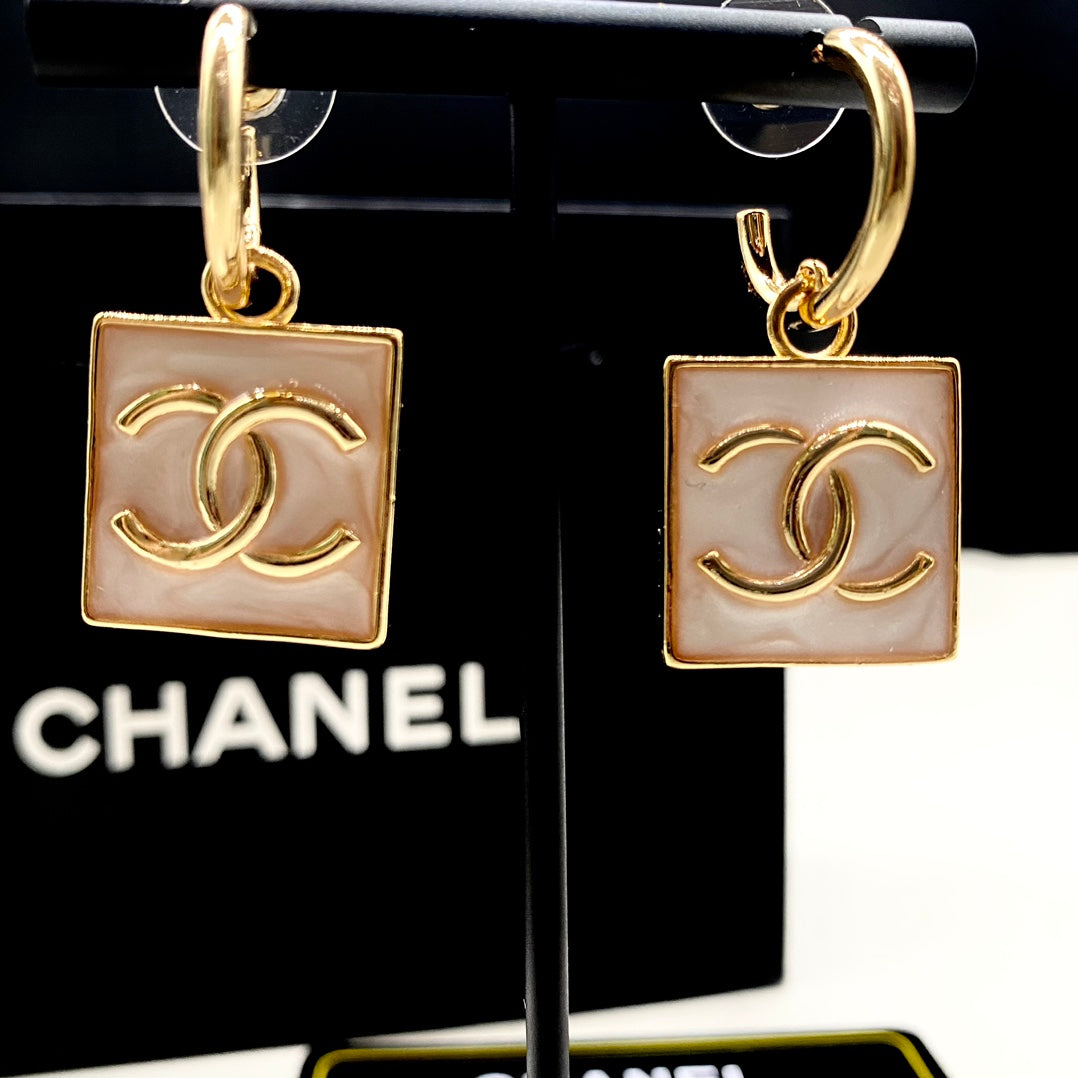 Pink Square Charm Hoop Earrings
