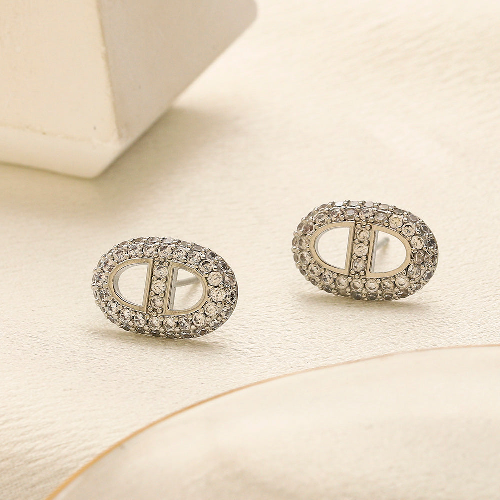 304 Stainless Steel Pave Oval H-Motif Stud Earrings