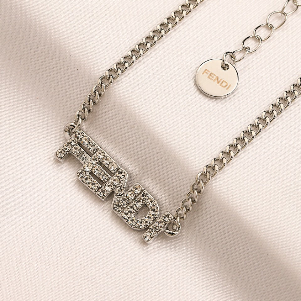 304 Stainless Steel Pave F-Motif Pendant Necklace