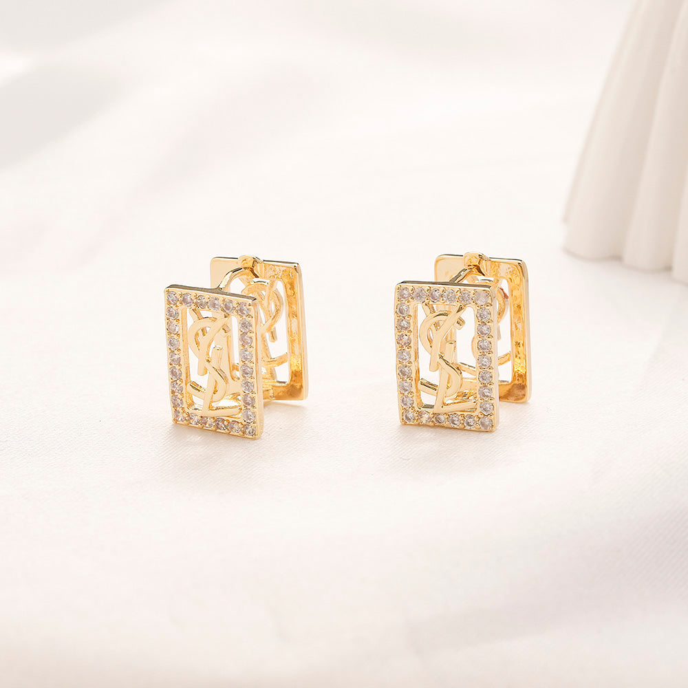 304 Stainless Steel Pave Rectangle Monogram Stud Earrings