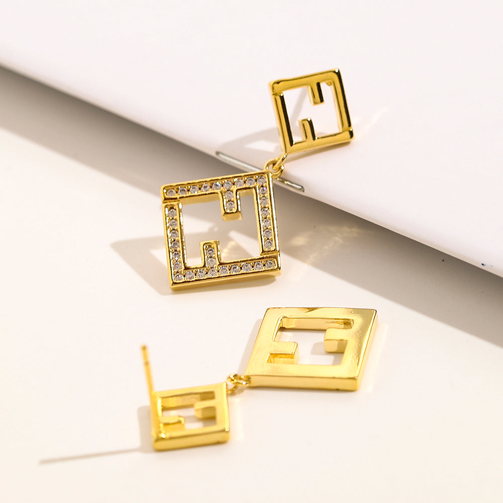 304 Stainless Steel Double Square Pave Drop Earrings