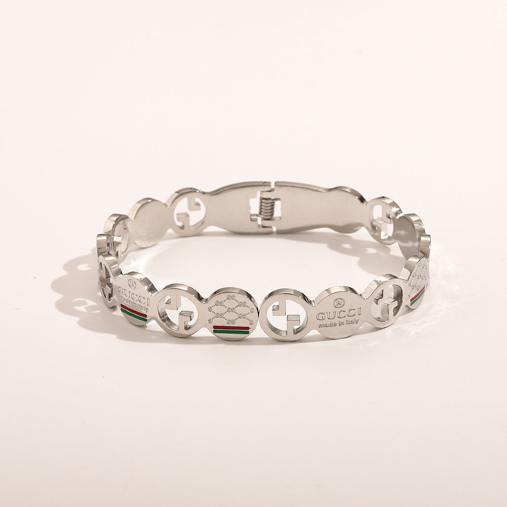 304 Stainless Steel Cutout Double-G Station Bangle Bracelet