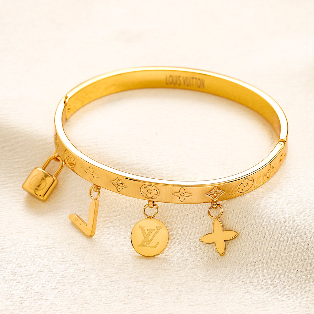 304 Stainless Steel Monogram Multi-Charm Bangle Bracelet