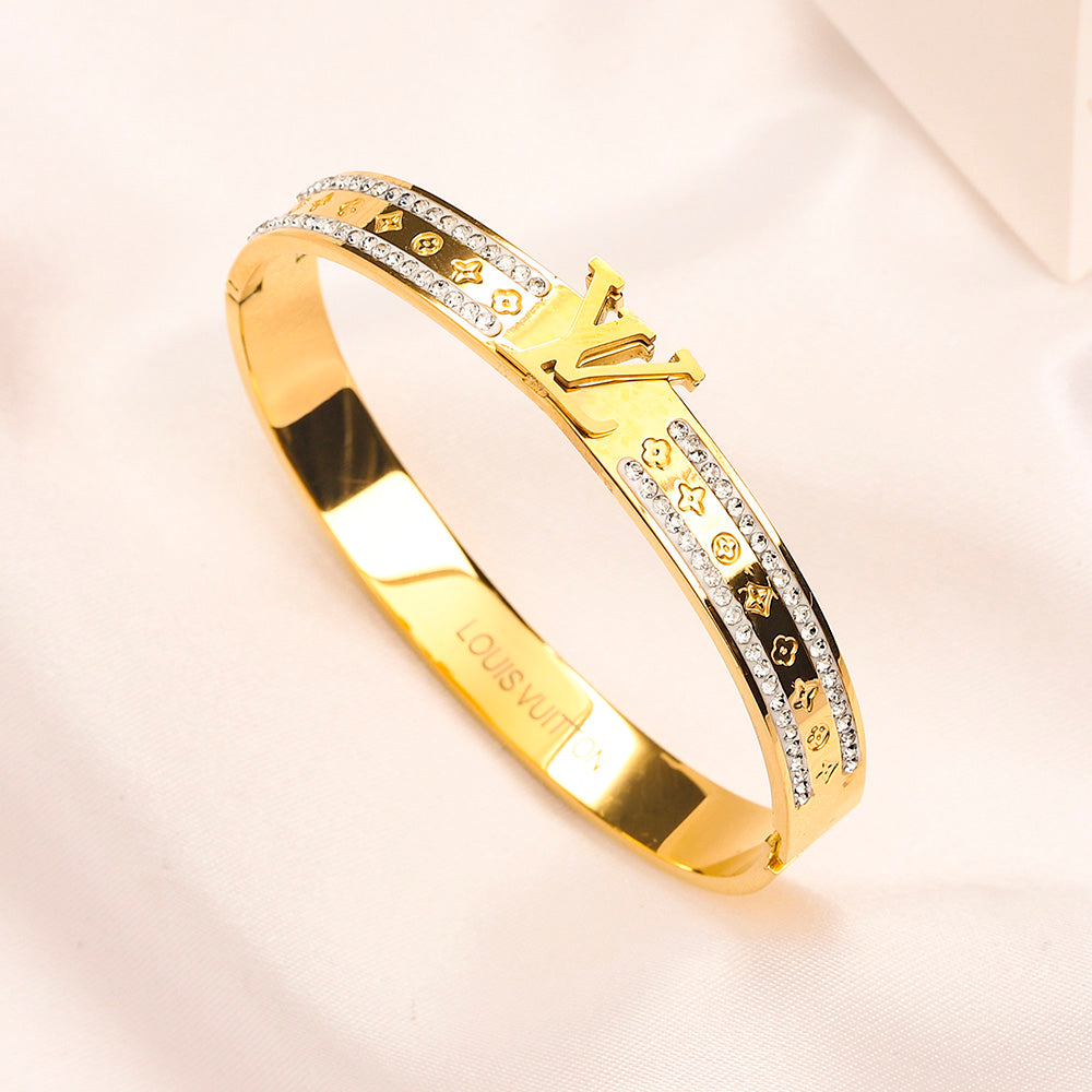 304 Stainless Steel Pave Monogram Slim Bangle Bracelet