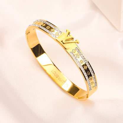 304 Stainless Steel Pave Monogram Slim Bangle Bracelet