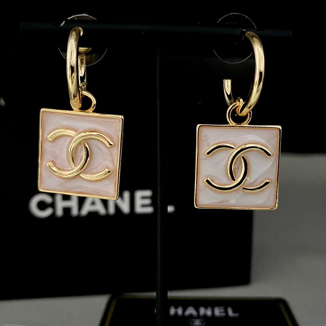 Pink Square Charm Hoop Earrings