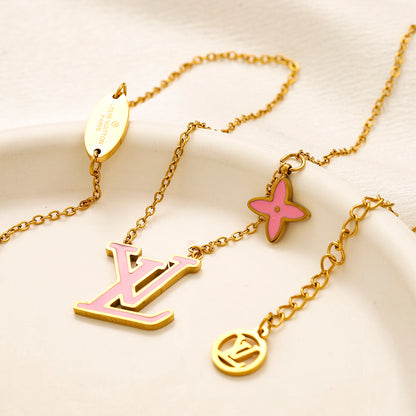 304 Stainless Steel Color-Inlay Monogram & Flower Necklace