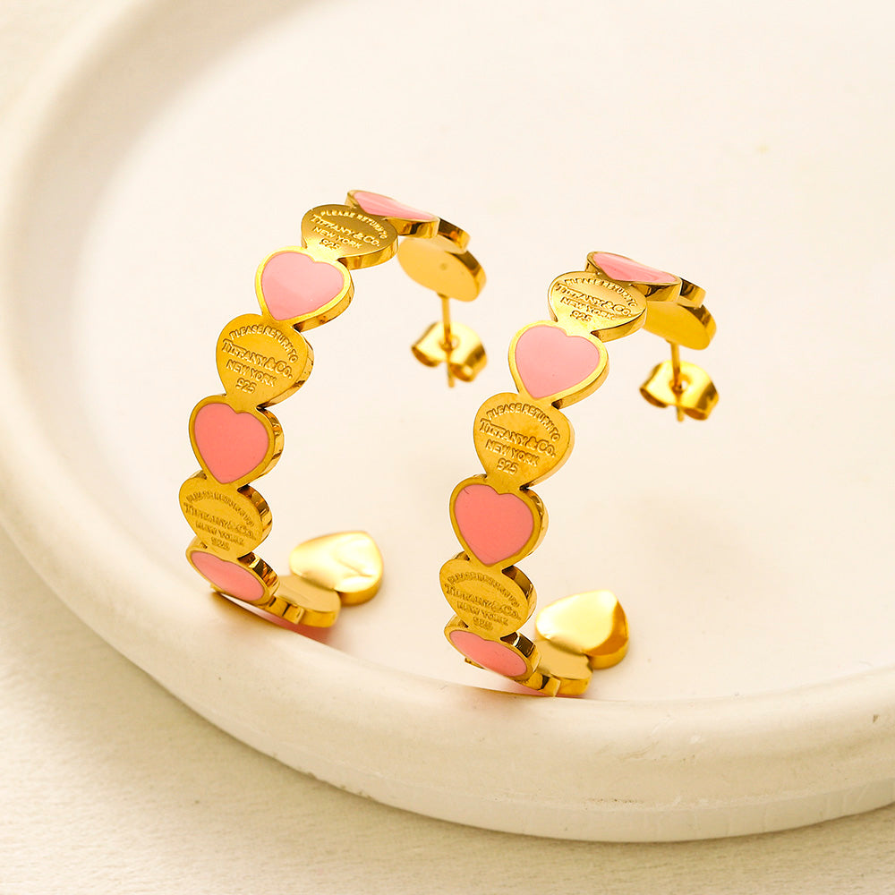 304 Stainless Steel Colorful Heart-Link Hoop Earrings