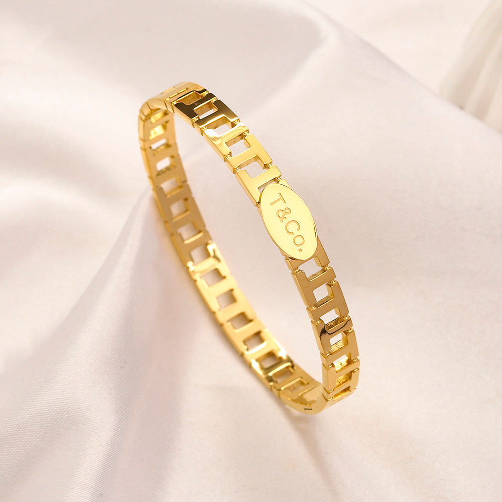 304 Stainless Steel Openwork Rectangle-Link Bangle Bracelet