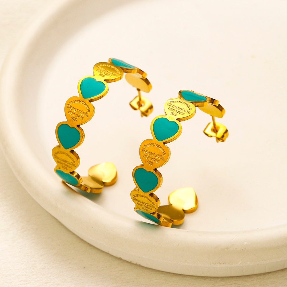 304 Stainless Steel Colorful Heart-Link Hoop Earrings