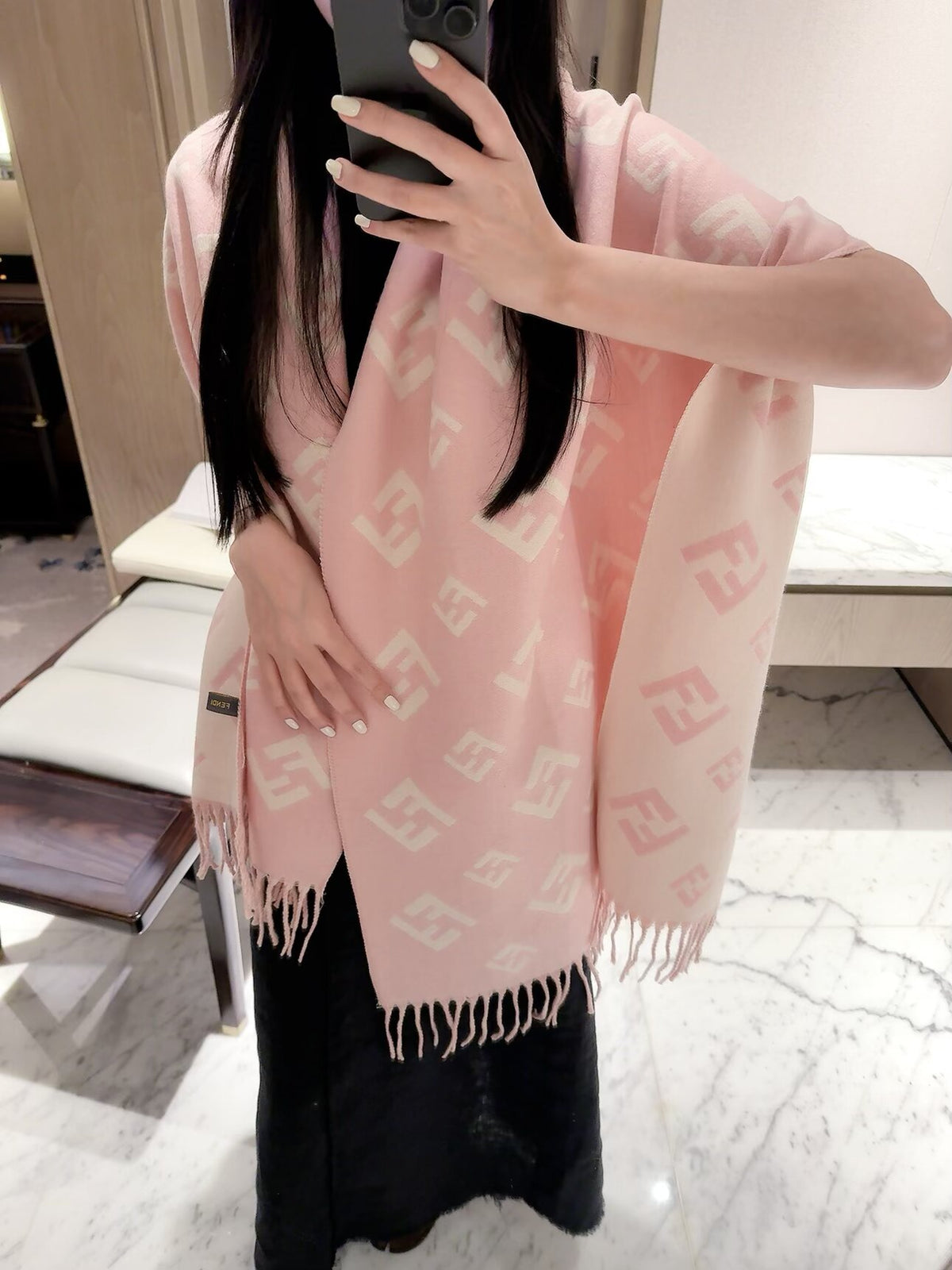 Geometric F-Motif Fringed Scarf