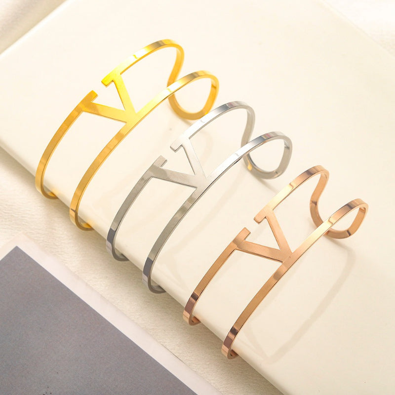 304 Stainless Steel Double Band V-Motif Cuff Bracelet