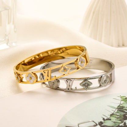 304 Stainless Steel Openwork Floral Monogram Bangle Bracelet