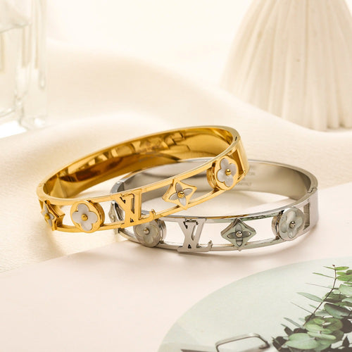 304 Stainless Steel Openwork Floral Monogram Bangle Bracelet