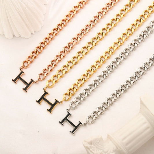 304 Stainless Steel Double-Chain H-Motif Necklace