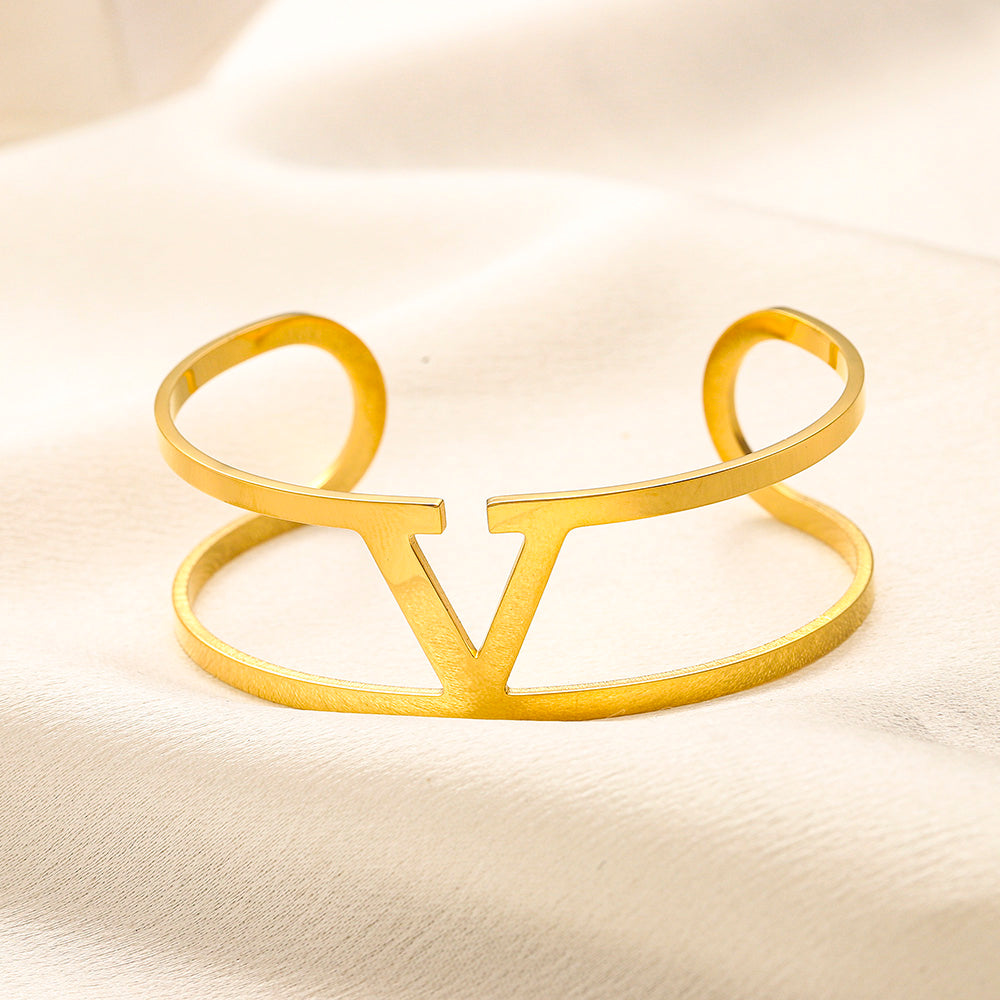 304 Stainless Steel Double Band V-Motif Cuff Bracelet