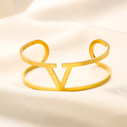 304 Stainless Steel Double Band V-Motif Cuff Bracelet