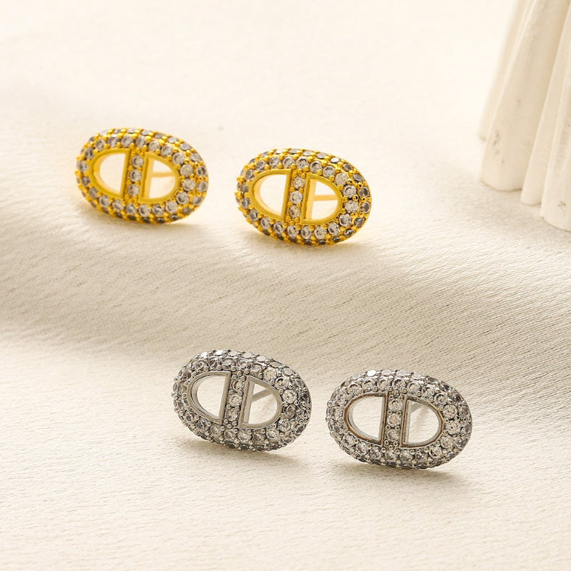 304 Stainless Steel Pave Oval H-Motif Stud Earrings