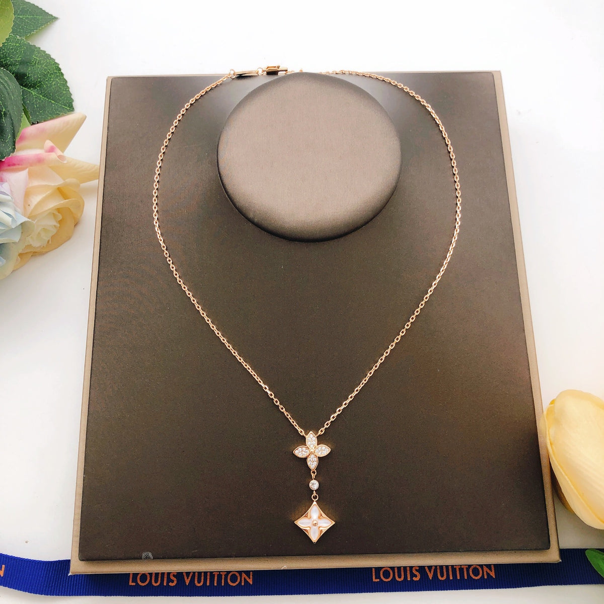 Flower & Open-Square Drop Necklace