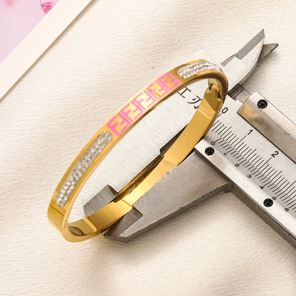 304 Stainless Steel Color-Inlay Lettering Pave Bangle Bracelet
