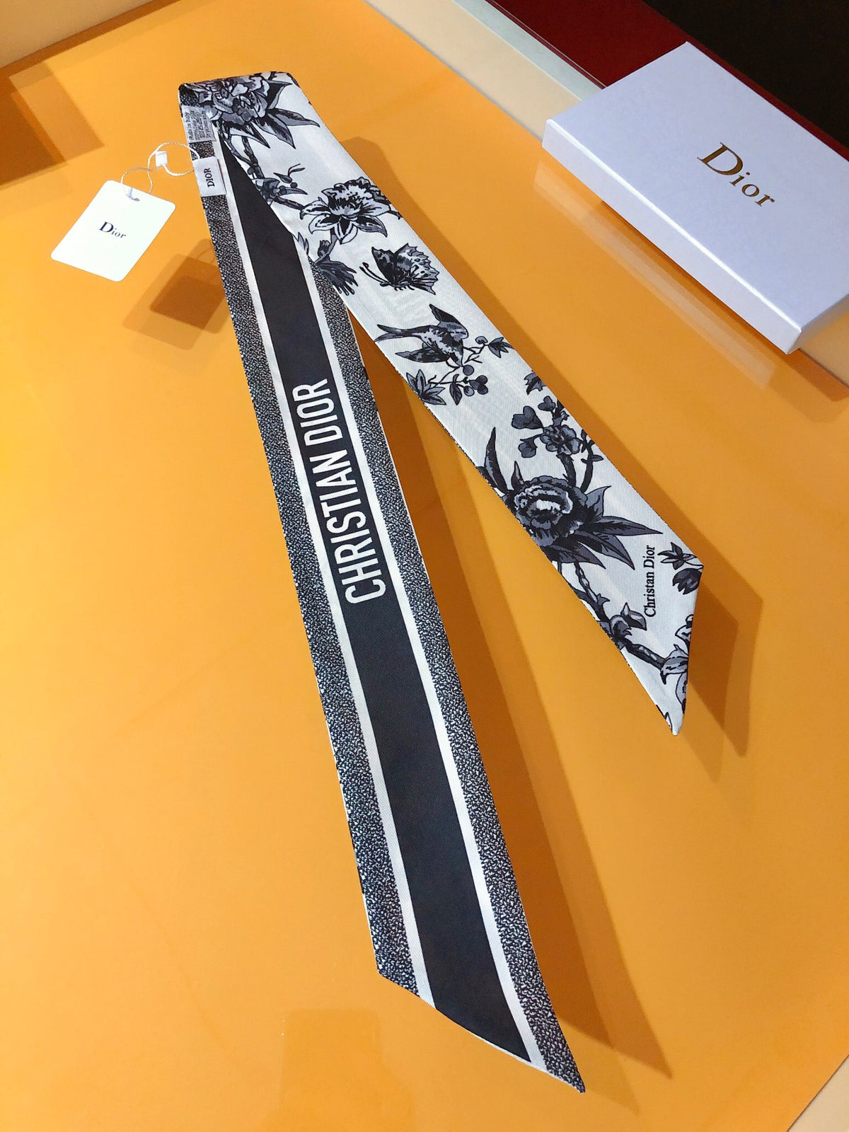 Botanical Print & Stripe Ribbon Scarf - 5 x 120 cm