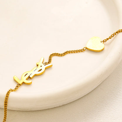 304 Stainless Steel Pave Heart & Monogram Chain Bracelet