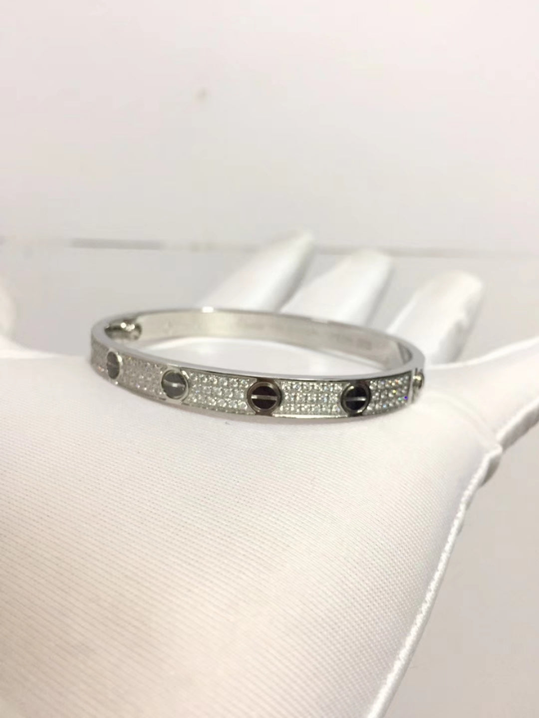 Silver-Tone Pave Screw-Detail Bangle Bracelet