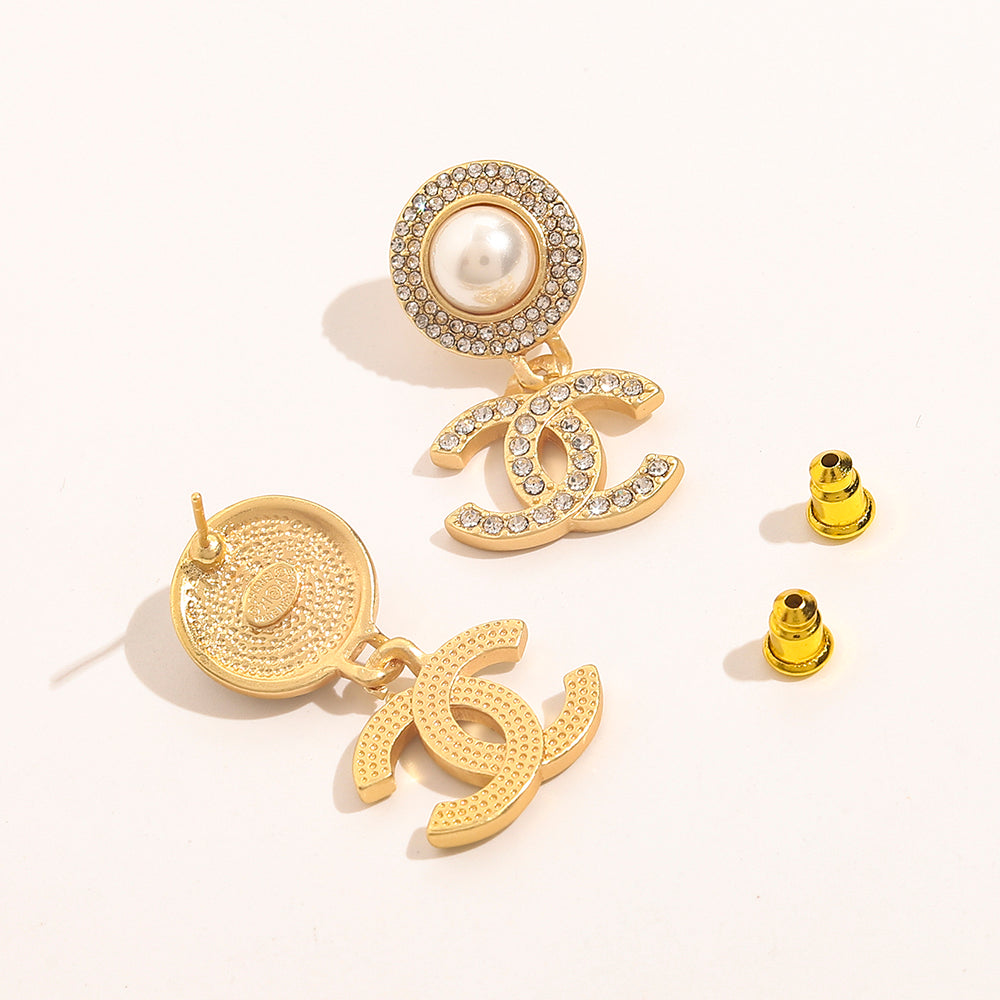 Alloy Pearl-Effect Round Top Interlocking-C Drop Earrings