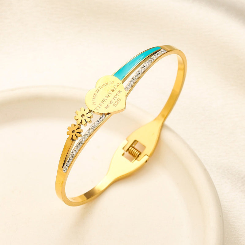 304 Stainless Steel Turquoise-Accent Heart Bangle Bracelet