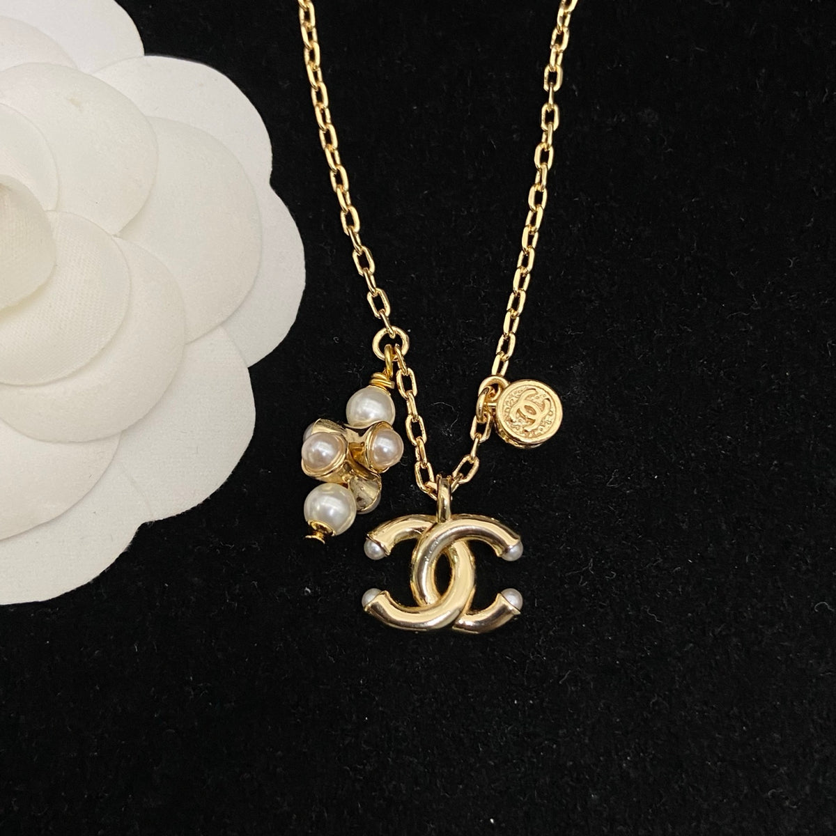 Interlocking-C Necklace with Pearl-Look Cluster