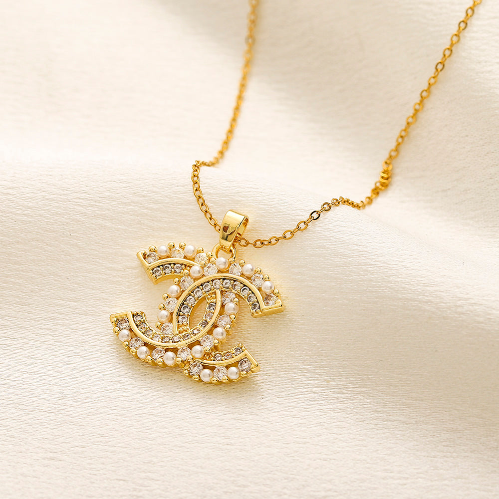 Copper Ornate Pave Interlocking-C Pendant Necklace