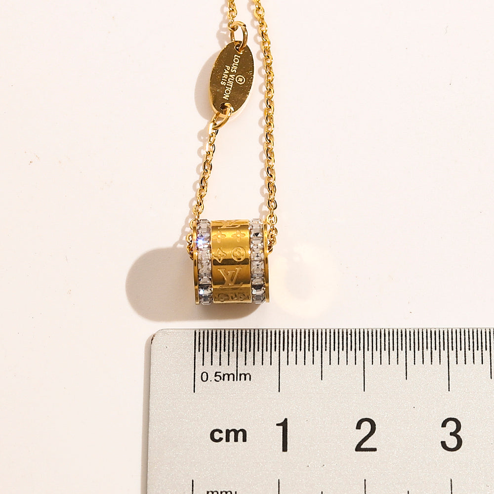 304 Stainless Steel Pave-Edge Barrel Pendant Necklace