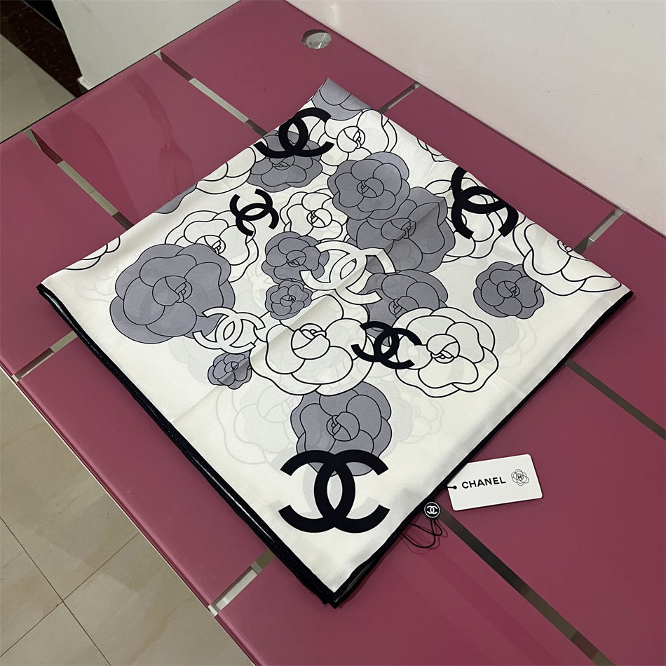 Camellia & Monogram Square Scarf - 90 x 90 cm