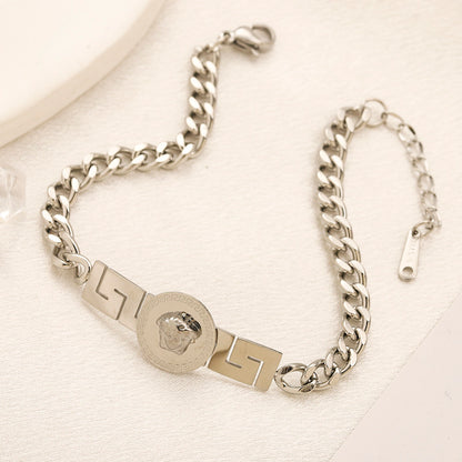 304 Stainless Steel Greek-Key Medallion Curb Chain Bracelet