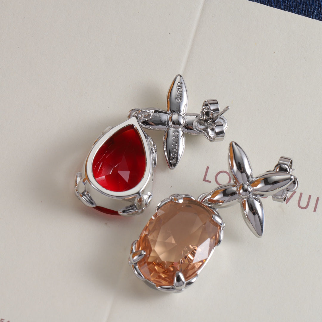 Floral Stud & Oval Stone Drop Earrings