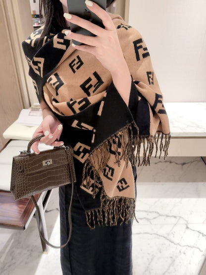 Geometric F-Motif Fringed Scarf