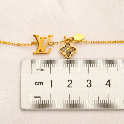 304 Stainless Steel Monogram & Floral Charm Fine Chain Bracelet