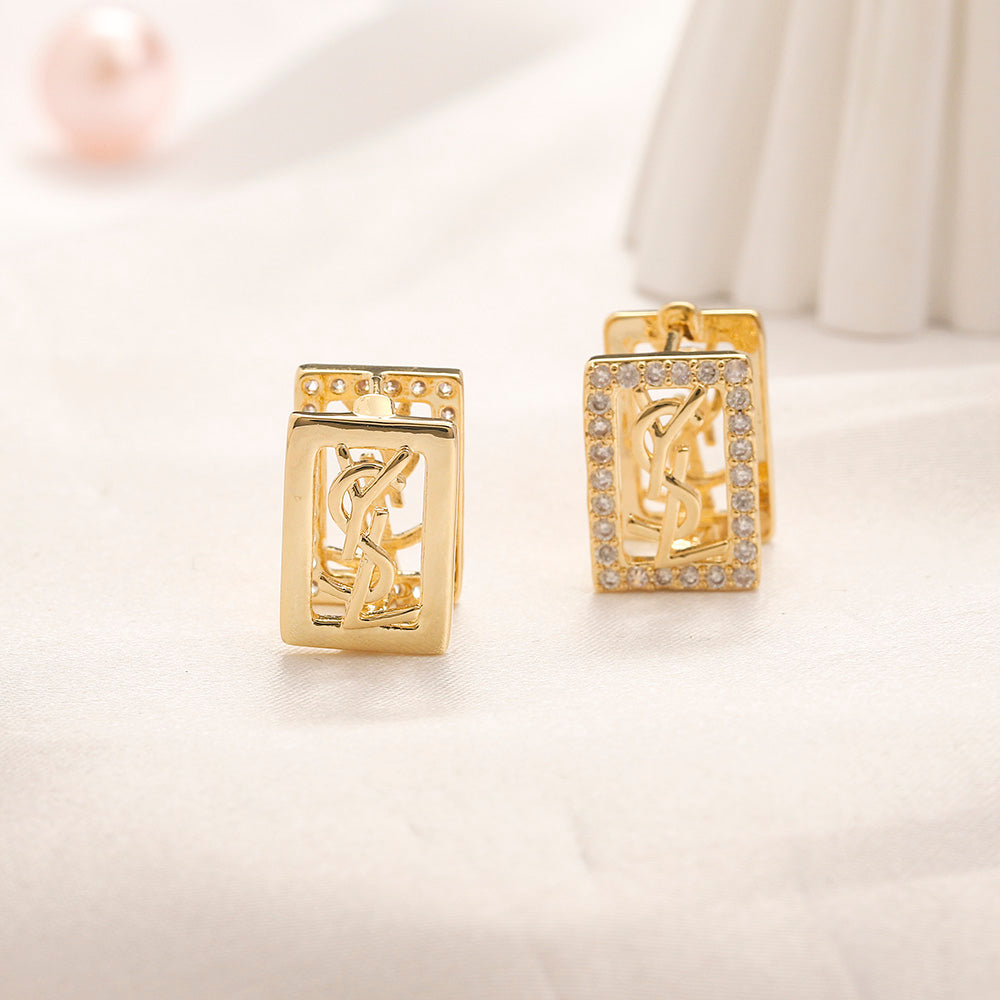 304 Stainless Steel Pave Rectangle Monogram Stud Earrings