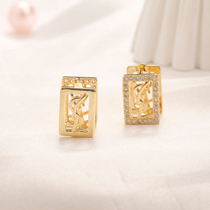 304 Stainless Steel Pave Rectangle Monogram Stud Earrings