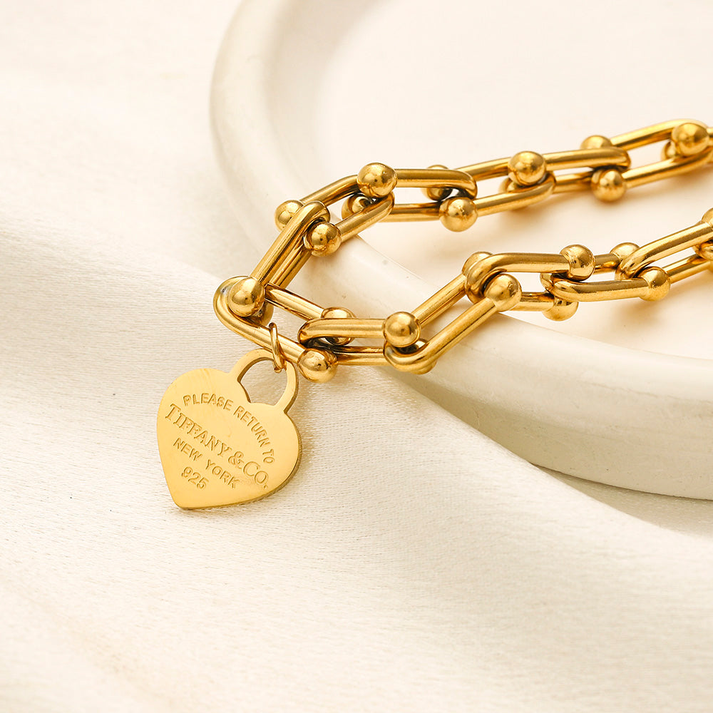 304 Stainless Steel Heart Charm Paperclip Chain Bracelet