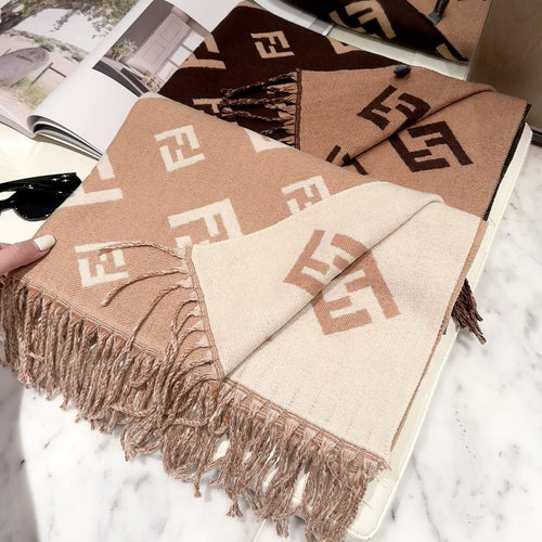 Geometric F-Motif Fringed Scarf