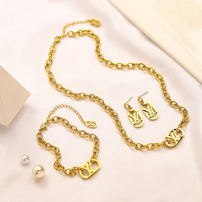 304 Stainless Steel Monogram Chain Earrings, Bracelet & Necklace Collection