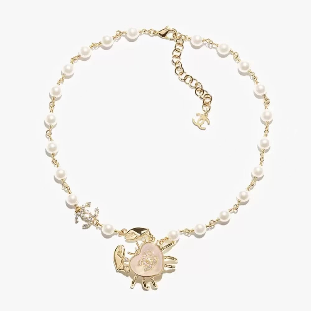 Pearl-Look Bead Necklace with Crab Charm