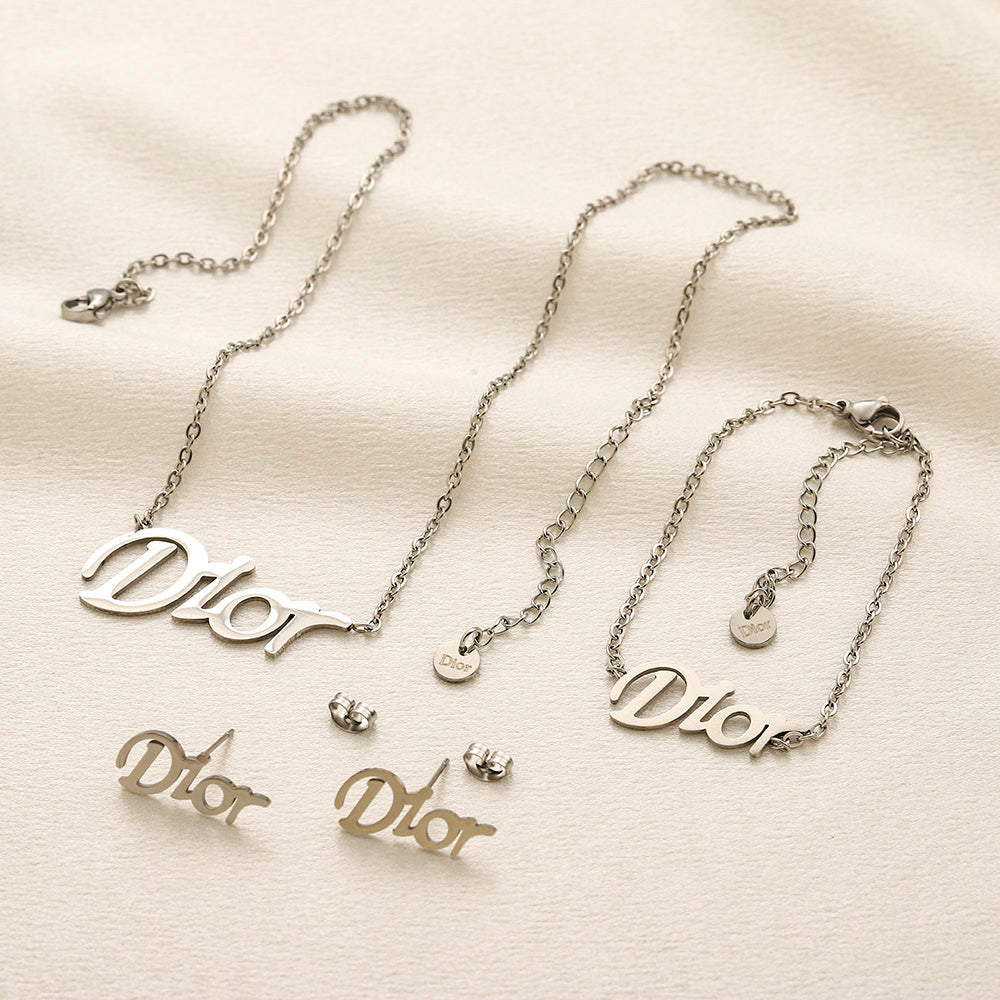 304 Stainless Steel Letter-Motif Earrings, Bracelet & Necklace Collection