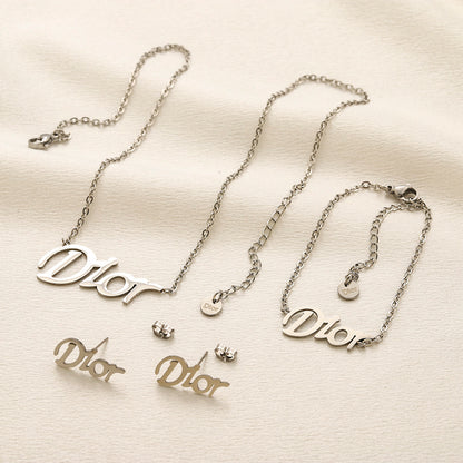 304 Stainless Steel Letter-Motif Earrings, Bracelet & Necklace Collection