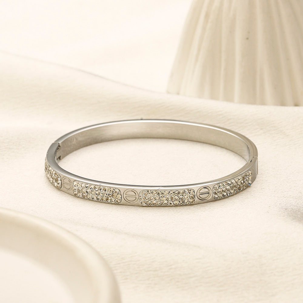 304 Stainless Steel Pave Screw-Motif Slim Bangle Bracelet
