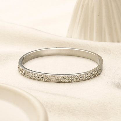 304 Stainless Steel Pave Screw-Motif Slim Bangle Bracelet