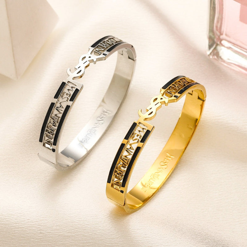 304 Stainless Steel Color-Inlay Monogram Pave Bangle Bracelet