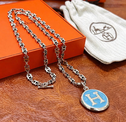 Blue H-Medallion Chunky Chain Necklace