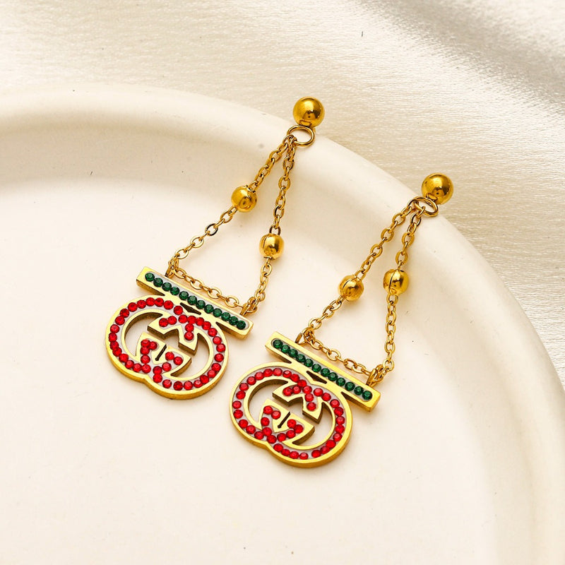 304 Stainless Steel Red & Green Triangle Chain Drop Earrings